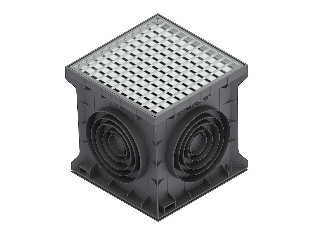 Пластиковый дождеприемник BASE 400X400, черный, с корзиной и гидрозатвором и выпусками D75-110-160-200-250 мм, класс нагрузки C250